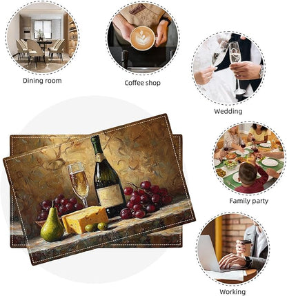 Wine Glass Placemats Set of 6, Rustic Country Winery Place Mats, Farmhouse Grape Dining Table Mats, Washable Placemats for Kitchen Dining Room Home Decor 18L'' × 12W''