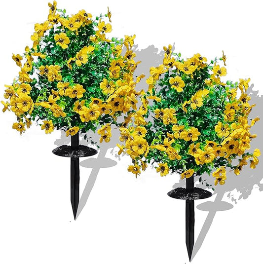 2 Pcs Artificial Boxwood Topiary Ball Trees - 23" With Ground Spike, Fake Evergreen Tree, UV Resistant Faux Greenery Shrubs & Bushes for Porch, Garden, Front Yard Decor, Indoor/Outdoor -Yellow