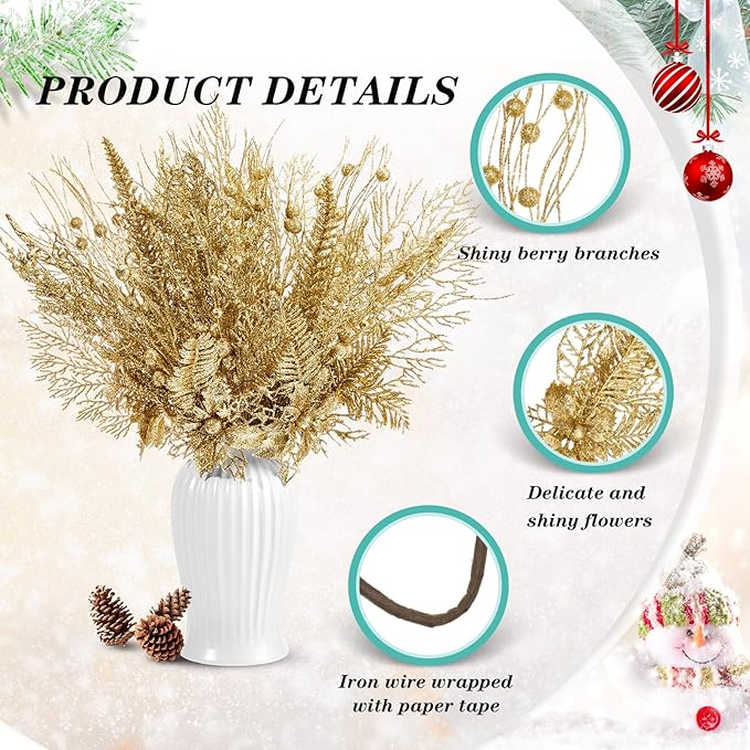 30 Pcs Artificial Christmas Tree Picks and Sprays Glitter Berry Stem Branches Holly Floral Picks Twigs Christmas Tree Ornaments for DIY Xmas Wreath Vase Filler Decorations(Gold)
