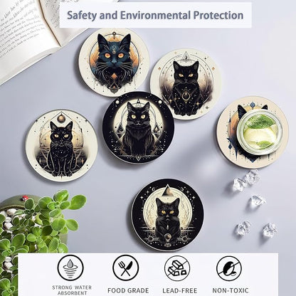 Drink Coasters Set of 6 with Holder, Black Cat Absorbent Ceramic Coasters with Cork Base,Fit All Cups,Great Gift for Housewarming,Room Decor,Bar,Holiday Party