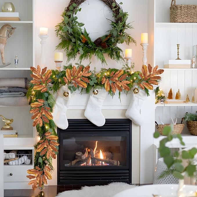 3PCS Bronze Glittered Artificial Leaf Spray Picks 31 inch Tall for Christmas Winter Autumn Wreath Tree Swag Floral Arrangment Vase Holiday Wedding, Bronze