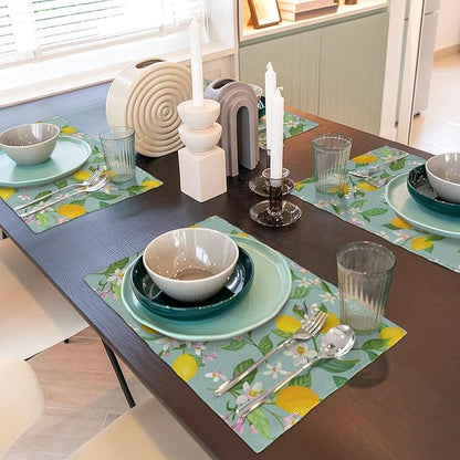Lemon Linen Placemats Set of 4 Summer Tropical Fruits Floral Placemats for Indoor Outdoor Party Home Desktop Kitchen Dining Room Decor 12x18 Inch