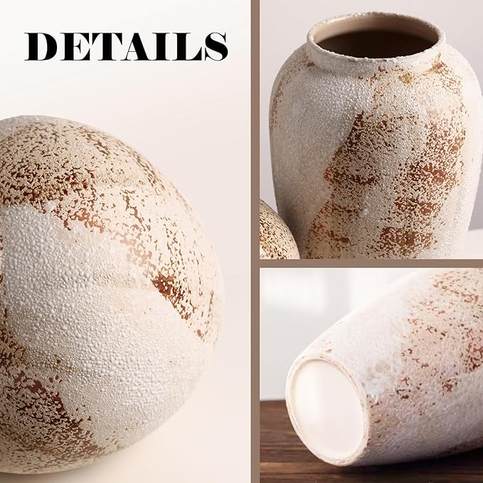 Vintage Ceramic Vase, Minimalist Texture Stone Patterned White Flower Vase, Decorative Vase for Living Room Shelf Farmhouse Dining Table Centerpiece Decor (Rustic 7.9'')