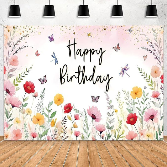 7x5ft Pink Floral Decoration Backdrop for Women Girl Birthday Party Spring Flower Bush Garden Theme Background Happy Birthday Photography Supplies Greenery Wildflower Banner