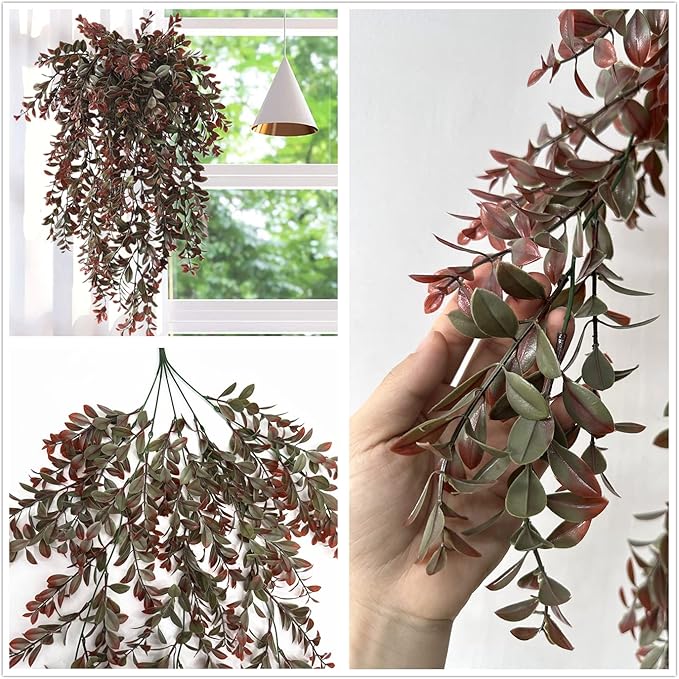 Artificial Hanging Ivy, Fake Reddish Brown Leaves Vines Plastic Plants Greenery UV Resistant Plant for Indoor Outdoor Garden Office Bathroom Decor Wedding Party Baskets DIY Decoration Red 2 Pack