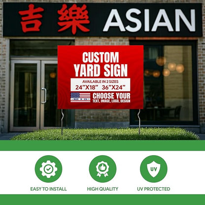 Custom Yard Signs with 2 Metal Stakes (24”x18”) - by BCB Print | Personalized Lawn Signs for Business, Events & Campaigns | Double Sided HD Printed Outdoor Signage | Express Dispatch & Ship | Made in USA