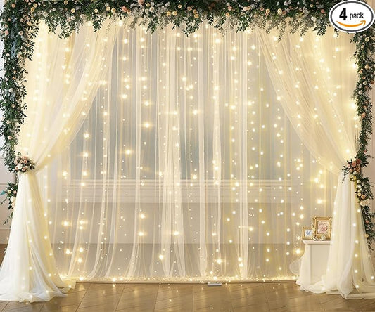20ft x 10ft Ivory Tulle Photo Backdrop Curtain with Lights String for Parties Wedding Sheer Ivory Curtain Backdrop for Birthday Party Bridal Shower Photo Booth Photography Background Decorations