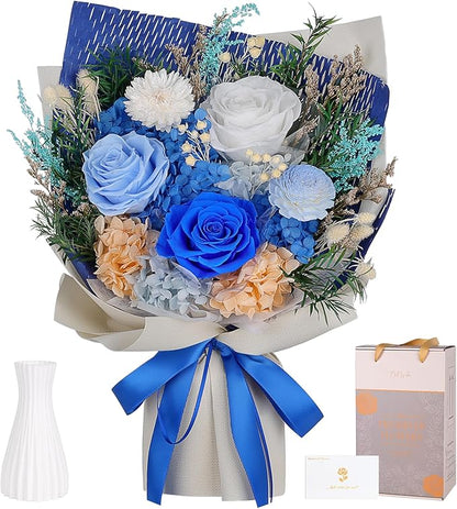 Preserved Flowers Bouquet - Forever Flowers for Delivery, Real Eternal Roses Bouquet for Mothers, Mom, Wife Anniversary Birthday Gifts for Women Men, Blue