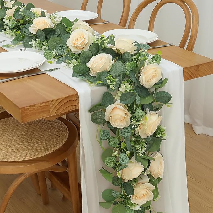 TOCHGREEN 2Pcs(13 Ft) Artificial Eucalyptus Flower Garland with Champagne Rose Flowers,Faux Rose Vine Gypsophila,Floral Greenery for Home Wedding Table Decor (Champagne, 2PCS)