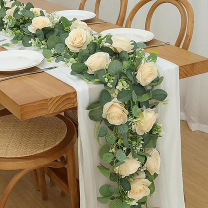 TOCHGREEN 2Pcs(13 Ft) Artificial Eucalyptus Flower Garland with Champagne Rose Flowers,Faux Rose Vine Gypsophila,Floral Greenery for Home Wedding Table Decor (Champagne, 2PCS)