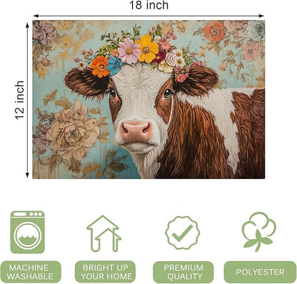 Farmhouse Cow Placemats Set of 4 Washable Table Mats Spring Cow Floral Heat-Resistant Cotton Linen Place Mats for Dining Table Kitchen Indoor Outdoor Party Holiday Decor