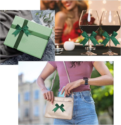 50 Counts Green Hunter Twist Tie Bows 3.1" Pre-Tied Satin Ribbon Bow Decor Mini Twist Tie Bows for Gift Wrapping Treat Bags Cake Bridal Baby Shower Birthday Party Favors Wedding Decorations