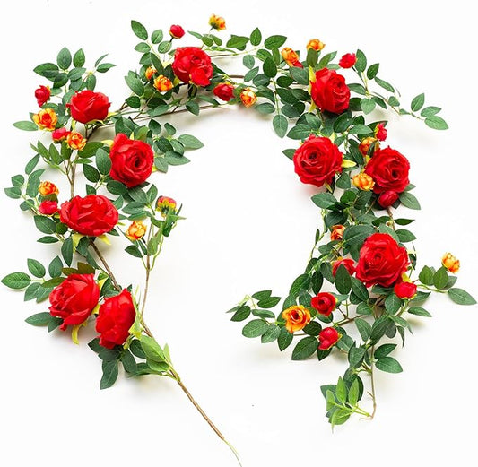 6FT Bendable Flower Garland, Artificial Rose Vine Hanging Floral Garland Decoration for Weding Home Room Wall Decor (Red, 2pcs)