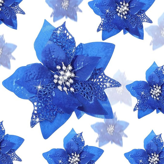 WILLBOND 36 Pieces Christmas Poinsettia Glitter Faux Flowers Christmas Artificial Flowers Tree Ornaments Topper Xmas Decorations(Royal Blue)