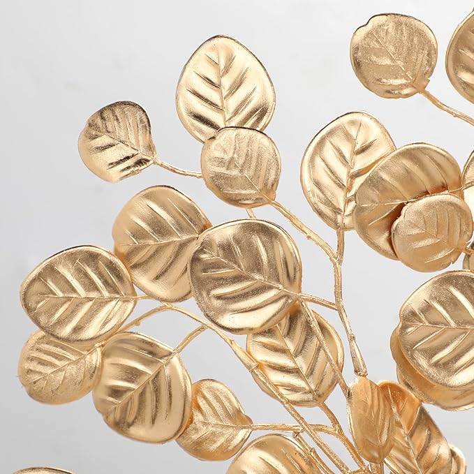 Hollyone 24.8” Christmas Tree Picks and Sprays 3Pcs Golden Artificial Eucalyptus Stems Eucalyptus Silver Dollar Leaves Branches Fake Gold Leaf Floral for Xmas Tree Garland Wreath Wedding Decor