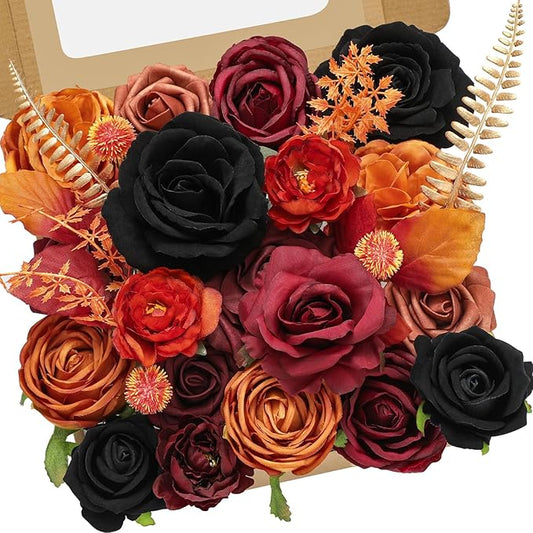 Serwalin Artificial Flowers Black Orange Fall Flowers Halloween Black Wedding Flowers for DIY Wedding Bouquets Bridal Shower Centerpieces Floral Arrangements Party Home Decor