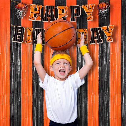 BRAVESHINE Tinsel Photo Backdrop Curtains - 2 Pack 3.2x8.2ft Black Orange Foil Fringe Streamer Curtain for Birthdays/Sports/Basketball/Pumpkins/Home/Office/Indoor/Outdoor Party Decorations