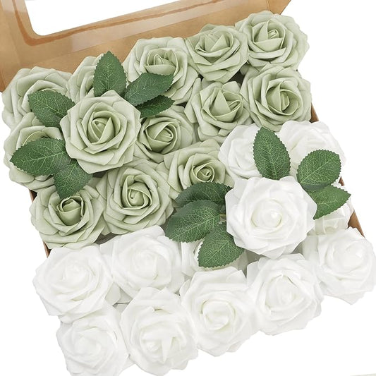 Artificial Flowers, 25pcs Artificial Rose for DIY Wedding Bouquets Centerpieces Arrangements, Sage Green and White Foam Flowers with Stem for Bridal Shower Party Home Decorations