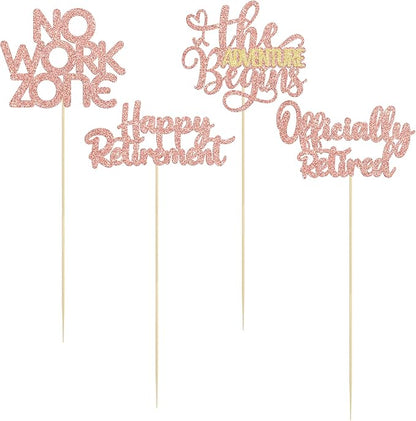 Ephlyn 16Pcs Happy Retirement Centerpiece Sticks Officially Retired Table Flower Centerpieces Sticks No Work Zone Floral Decorations for Farewell Birthday Party Centerpieces Supplies Rose Gold