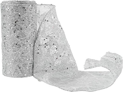 MEEDEE 6 Inch Wide Wired Ribbon Silver Glitter Mesh Web Wired Edge Ribbon by 10 Yards Roll Silver Wired Mesh Ribbons for Christmas Tree, Garland, Holiday Wreaths, Bows, Centerpiece, Gift Wrapping