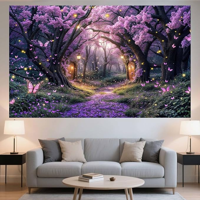 15X10ft Enchanted Forest Backdrop Fairy Tale Purple Wonderland Garden Tree House Floral Butterfly Photography Background for Kids Girl Baby Shower Birthday Party Decoration Banner Booth Props