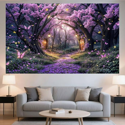 5X3ft Enchanted Forest Backdrop Fairy Tale Purple Wonderland Garden Tree House Floral Butterfly Photography Background for Kids Girl Baby Shower Birthday Party Decoration Banner Booth Props