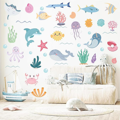AOWDIAO 58 Pcs Ocean Animals Wall Decals - Peel and Stick Under The Sea Kids’ Room & Nursery Decor