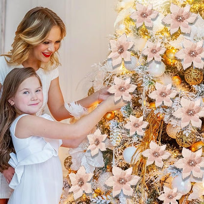 WILLBOND 24 Pcs 3 Size Poinsettia Flower Artificial Christmas Decor Glitter Poinsettia Christmas Ornaments Faux Flowers for Xmas Tree Outdoor(4/6/7.9 Inches,Rose Gold)