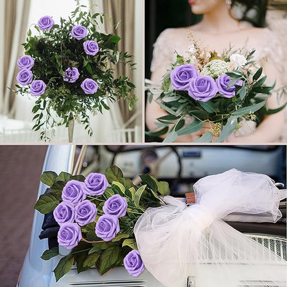 50PCS Artificial Flowers Purple Roses Real Looking Foam Fake Roses with Leaves and for DIY Wedding Bouquets Bridal Shower Centerpieces Party Decorations (Purple, 50)