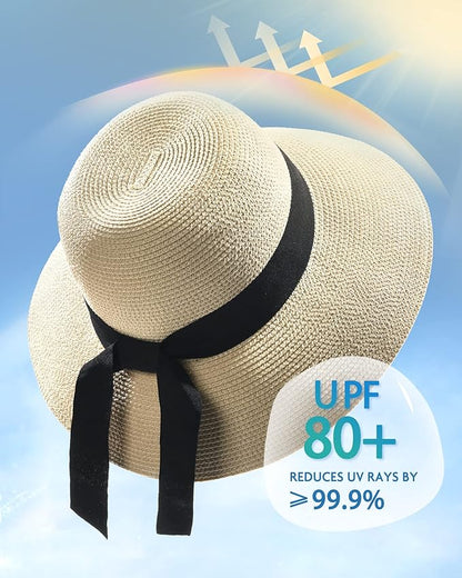 FURTALK Womens Beach Sun Straw Hat UV UPF 80+ Travel Foldable Brim Summer UV Hat