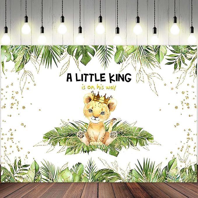 15x8ft Baby Shower Backdrop A Little King is On His Way Photography Background Lion Crown Jungle Forest Green Leaf Kid Birthday Party Banner Decorations Newborn Portrait Photo Booth Prop