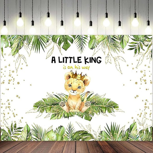 12x8ft Baby Shower Backdrop A Little King is On His Way Photography Background Lion Crown Jungle Forest Green Leaf Kid Birthday Party Banner Decorations Newborn Portrait Photo Booth Prop