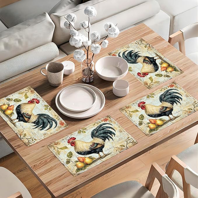 Farmhouse Rooster Placemats Set of 4, Rustic Chicken Place Mats, Pear Dining Table Mats, Washable Placemats for Kitchen Dining Room Home Decor 18L'' × 12W''