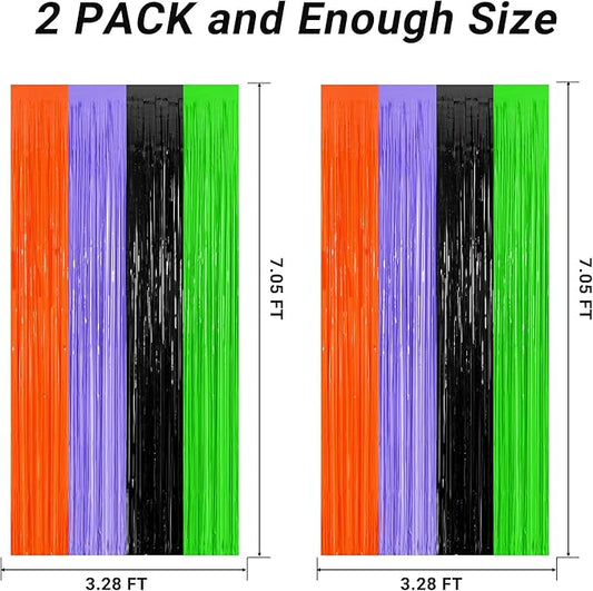 2 Pack Halloween Backdrop, 3.28 FT x 7.05 FT Orange Purple Black Green Party Streamer, Metallic Foil Curtains Tinsel Backdrop, Halloween Party Decorations Photo Props for Door Wall