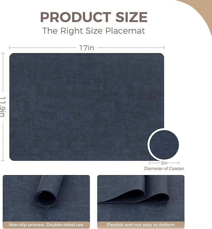 Vinyl Placemats Set of 6, Faux Leather Waterproof and Heat Resistant Place Mats, Washable Anti-Slip Table Mats with Coaster, Wipeable Placemats for Indoor & Outdoor 17" x 12" (Navy Blue, Set of 6)