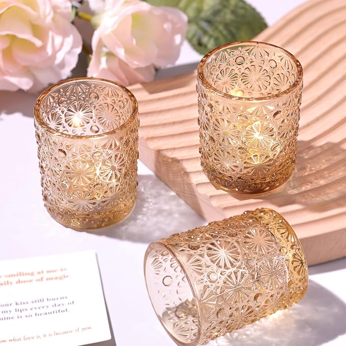 Gold Votive Candle Holder Set of 12, Flower Tea Lights Candles Holders for Wedding Table Centerpieces, Birthday Parties, Anniversary, Bridal Shower and Holiday Decorations
