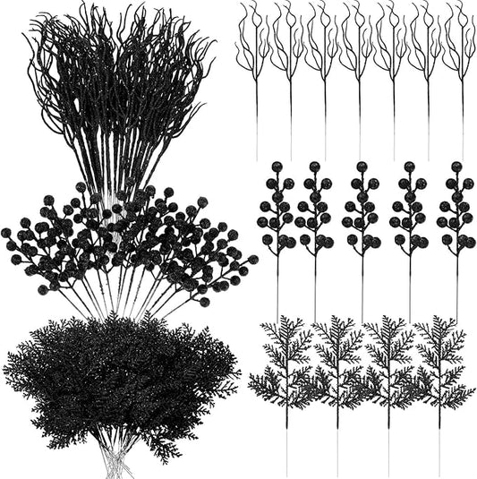 75 Pcs Christmas Glitter Branches 3 Styles Artificial Christmas Picks Berries Stems Pine Needles Floral Twig Spray for Xmas Tree Ornaments DIY Wreath Garland(Black)