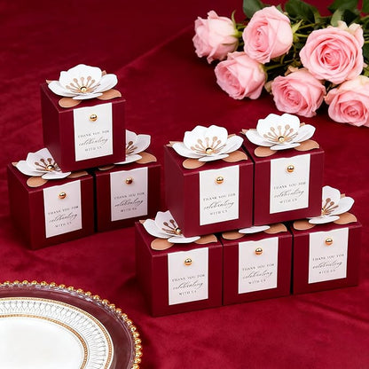 FEIYI 20 PCS Candy Boxes, 3 In 1 Burgundy Favor Boxes with Floral Decor, White Thank You Tags Gift wrapping for Wedding Birthday Baby Shower Decorations Party -2.55x2.55x2.55''