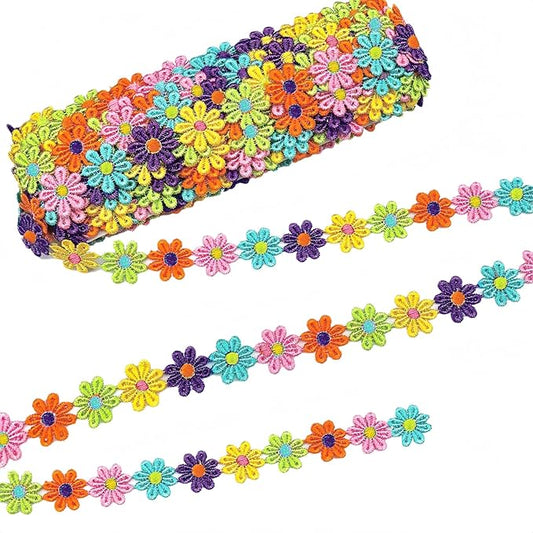 15 Yards Daisy Flower Lace Trim Embroidered Floral Lace Sewing Trim Ribbons for Embellishment Craft Dress Hair Accessories Decorations(Rainbow)