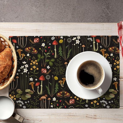 Mushroom Placemats Set of 6,Vintage Forest Moth Table Mats Heat Resistant Washable for Kitchen Dining Table Spring Summer Place Mats Linen 12x18 Inch 6 PCS, Style-4