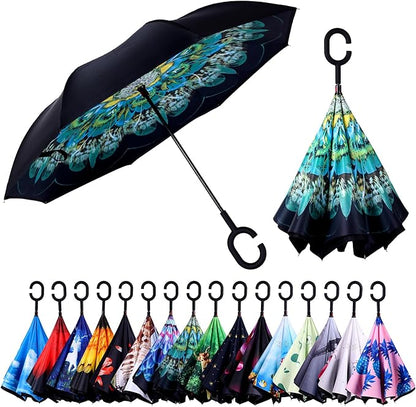 Inverted Umbrella, 49 Inch Double-Layer Vented Reverse Umbrella, Windproof Waterproof UV Protection, Lightweight C-Handle, Fiberglass Ribs, Steel Shaft, Travel/Commute/Car Use, With Sleeve