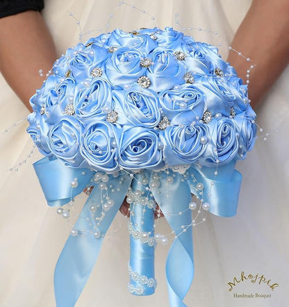 Bridal Wedding Bouquet Round Bling Brooch Bouquet Throw Toss Artificial Rose Flower Bunch for Bride Bridesmaid Wedding Quinceanera(Light Blue, 8.7")