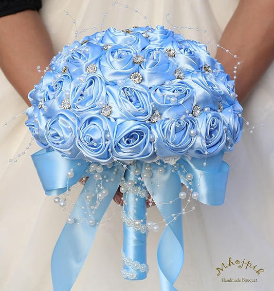 Bridal Wedding Bouquet Round Bling Brooch Bouquet Throw Toss Artificial Rose Flower Bunch for Bride Bridesmaid Wedding Quinceanera(Light Blue, 9.8")