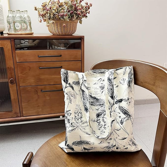 Cotton Canvas Tote Bag Reusable Soft Grocery Cloth Bag Floral Shoulder Bag for Beach Travel Shopping