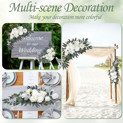 Wedding Arch Flowers for Wedding Welcome Sign, 2PCS Artificial Flower Floral Swag for Decoration Ceremony Reception Backdrop Party Aisle (White)