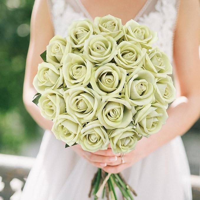 Hawesome Fake Roses Artificial Silk Flowers - 12 Pcs Green Roses Artificial Faux Flowers with Stems for Home Wedding Centerpiece Hotel Office Decor