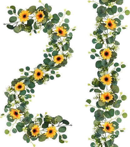 Uieke 2 Pack Artificial Sunflower Garland, 6ft/Strand Silk Sunflowers Hanging Vines Flowers Garland with Green Leaves for Room Kitchen Garden Birthday Wedding Baby Shower Party Table Decor