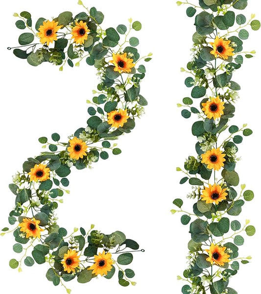 Uieke 2 Pack Artificial Sunflower Garland, 6ft/Strand Silk Sunflowers Hanging Vines Flowers Garland with Green Leaves for Room Kitchen Garden Birthday Wedding Baby Shower Party Table Decor