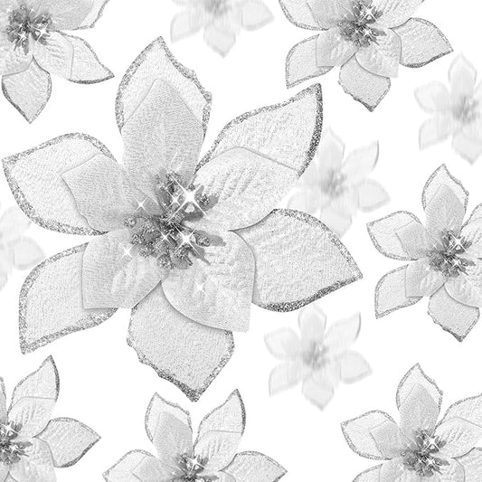WILLBOND 24 Pcs 3 Size Poinsettia Flower Artificial Christmas Decor Glitter Poinsettia Christmas Ornaments Faux Flowers for Xmas Tree Outdoor(4/6/7.9 Inches,Silver)