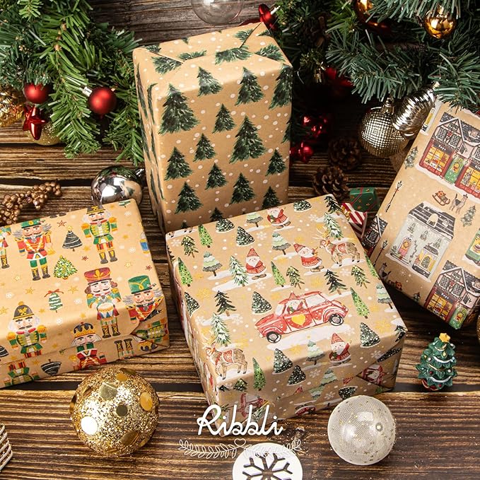 Ribbli Christmas Wrapping Paper 4 Rolls Vintage Kraft Wrapping Paper, 30 Inch x 10 Feet Per Roll, Brown Kraft Paper with Christmas Tree/Santa/Nutcracker/Street Scenes
